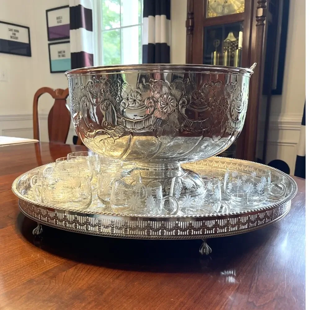 Sheffield Silver Punch Bowl Footed Tray Whiting Louis XV 197g Sterling Ladle Lot